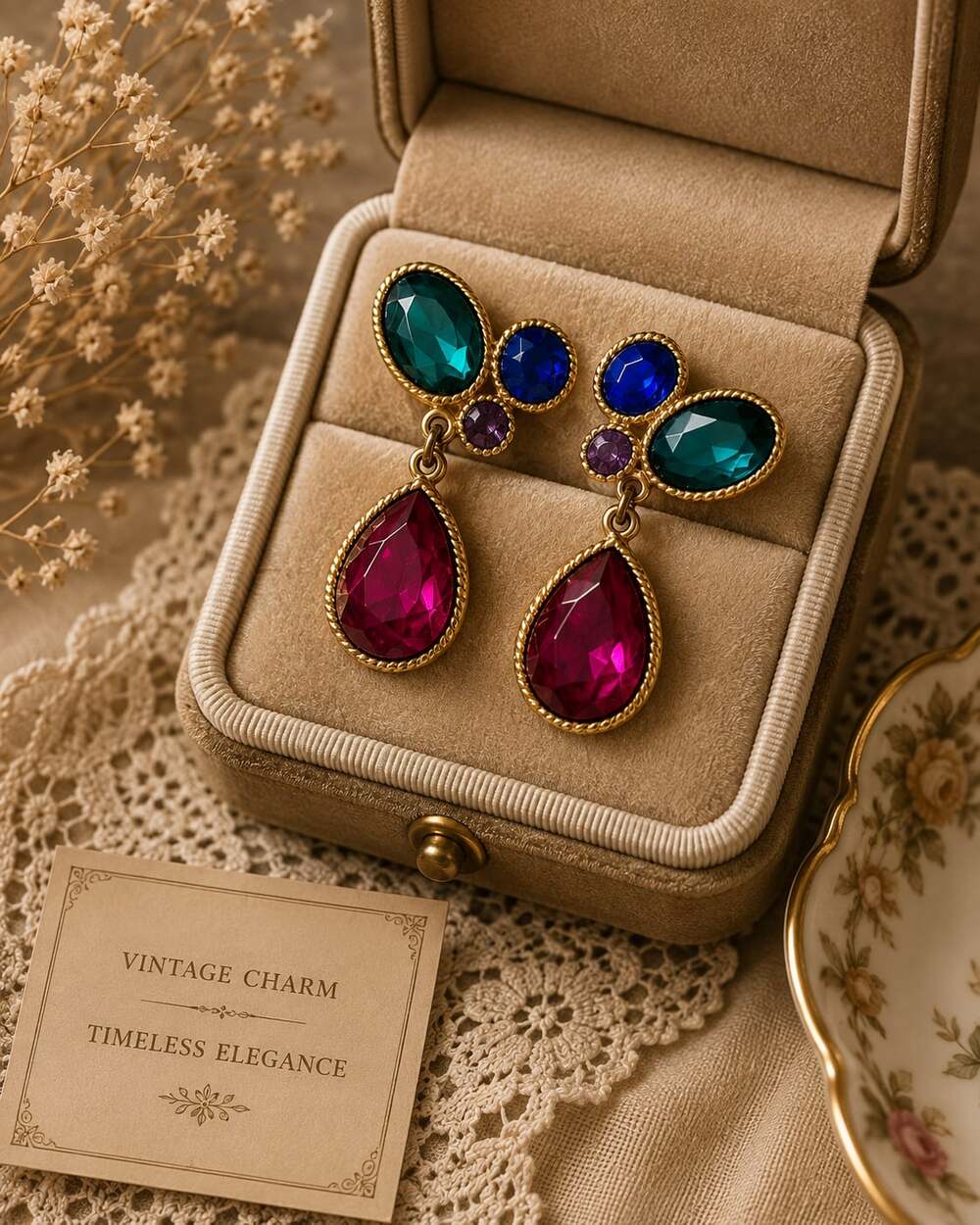 Vintage Goldtone Multi-Color Crystal Dangle Pierced Earrings